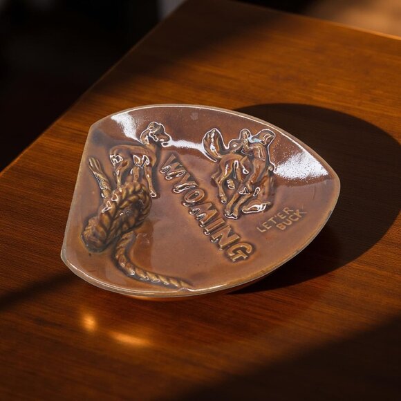 Vintage Wyoming Cowboy Ceramic Ashtray With Rope & Horse Design - Picture 2 of 9